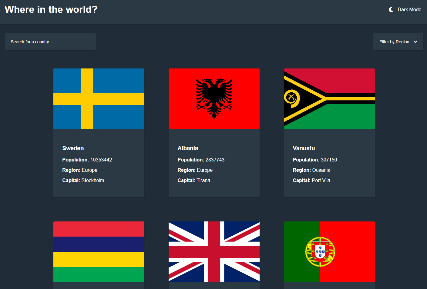 REST Countries API with color theme switcher